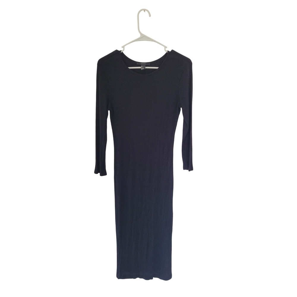 Forever 21 Black Ribbed Knit Bodycon Midi Dress Long Sleeve Minimalist‎ L #2